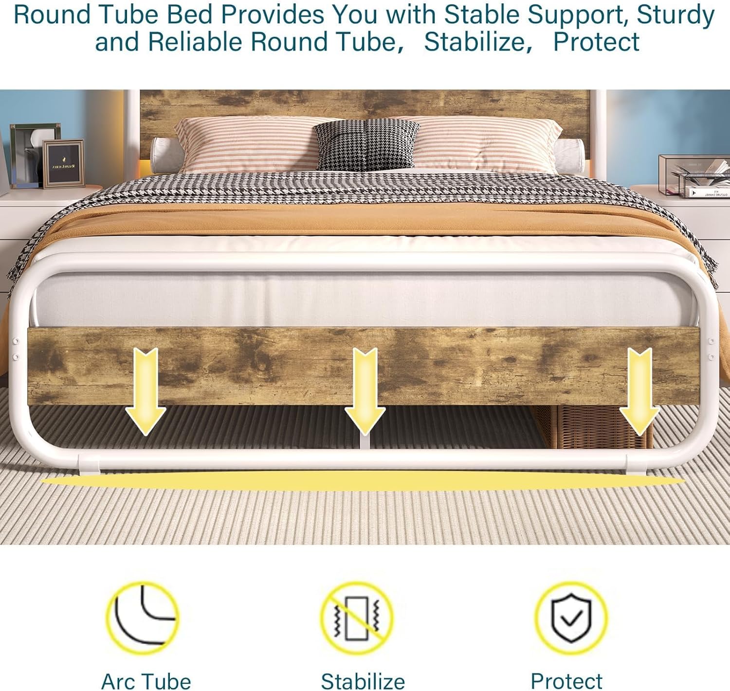 Catrimown Twin Bed Frame with LED Lights, Heavy Duty Metal Rustic Twin Platform Bed Frame with Wood Headboard, Under Bed Storage, Noise Free, No Box Spring Needed, White