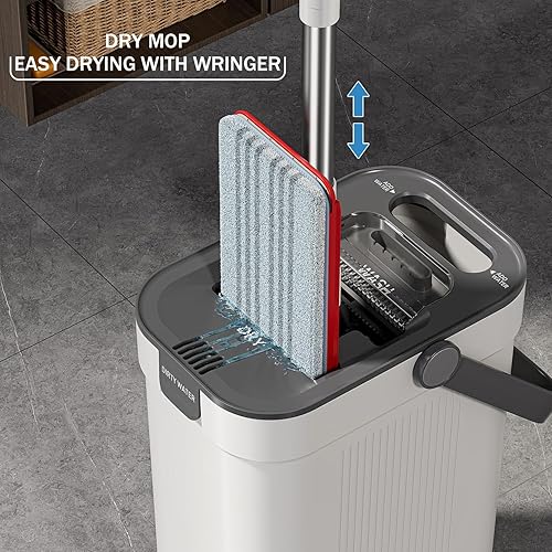 Miniatura 4 de Juego de trapeador y cubo, sistema de trapeador plano y cubo con agua sucia y limpia separada, trapeador limpiador de pared de 3 compartimentos,