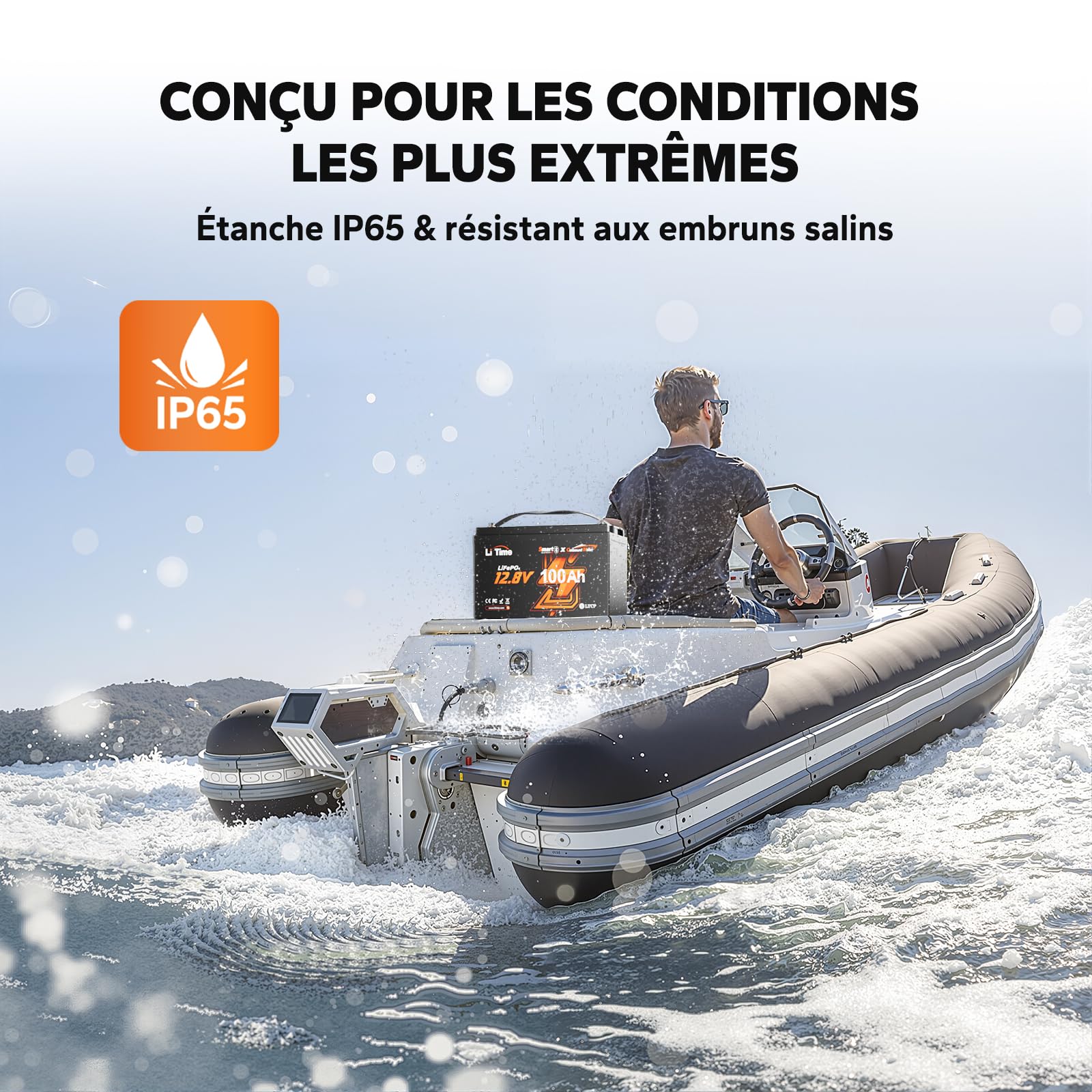 LiTime Batterie Lithium 12V 100Ah Bluetooth pour Moteur Electrique Bateau | LiFePO4, 100A BMS, Max. 15000 Cycles, Énergie 1280Wh, IP65, Protection Anti-froid, Max 4P4S, pour Bateaux, Yachts, Pêche