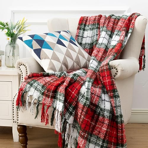 Miniatura 7 de Manta a cuadros con flecos, verde y rojo, para decoración del hogar, manta de cachemira súper suave para sofá, granja, Halloween, etc. 50 x 60