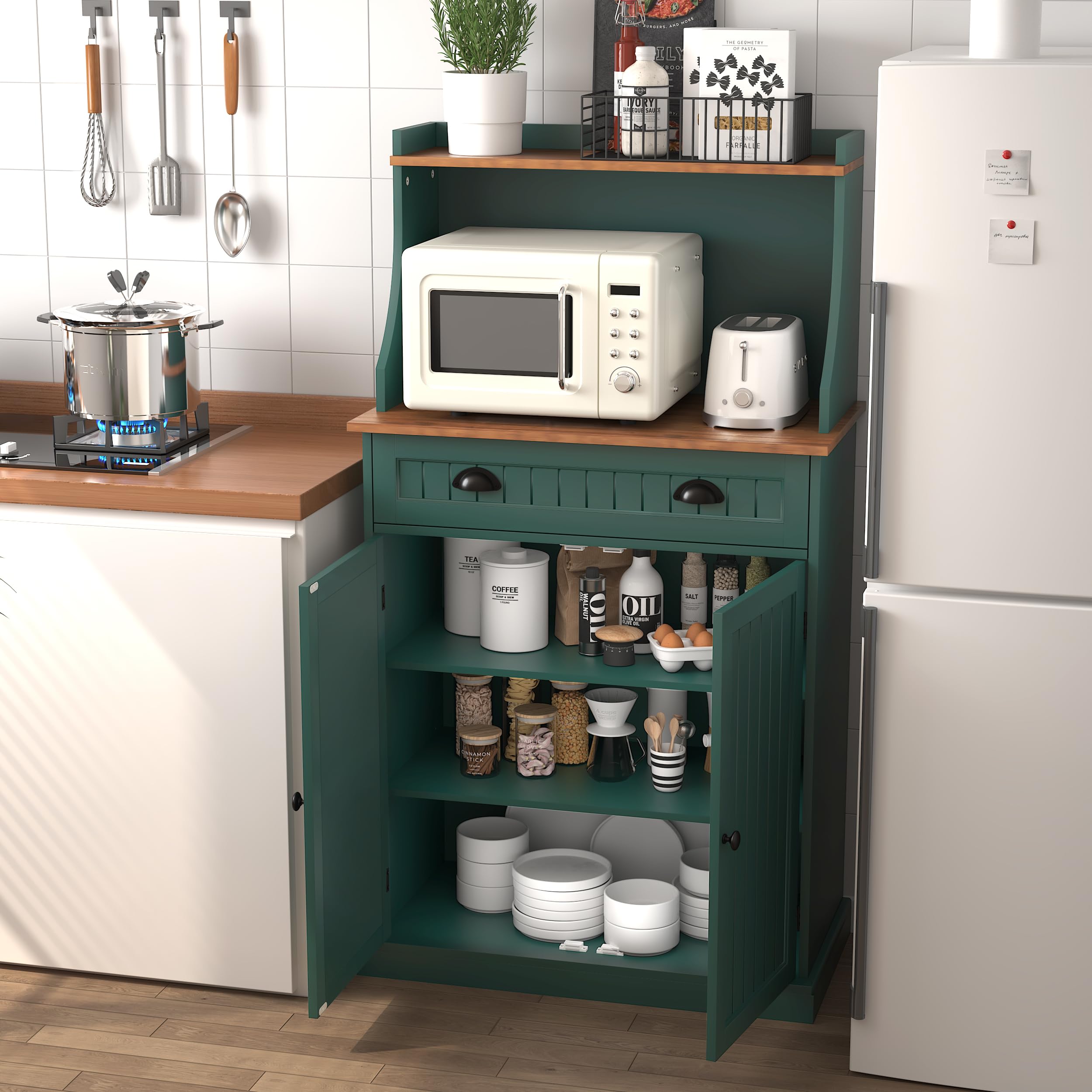 HOLTICO Armadio Multiuso per Cucina con Spazio Microonde, Mobile Salvaspazio Verde con Ripiano Regolabile, Adatto per Soggiorno, Camera da Letto, Sala da Pranzo e Garage, verde