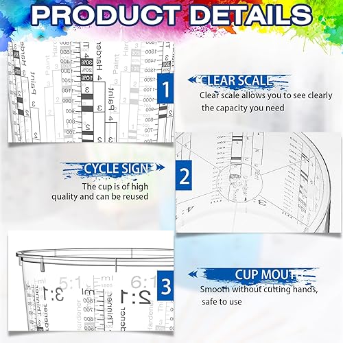 Miniatura 4 de 24 tazas medidoras de pintura de 64 onzas, 60.9 fl oz, tazas mezcladoras con graduados y 20 varillas de mezcla de pintura de plástico desechable,