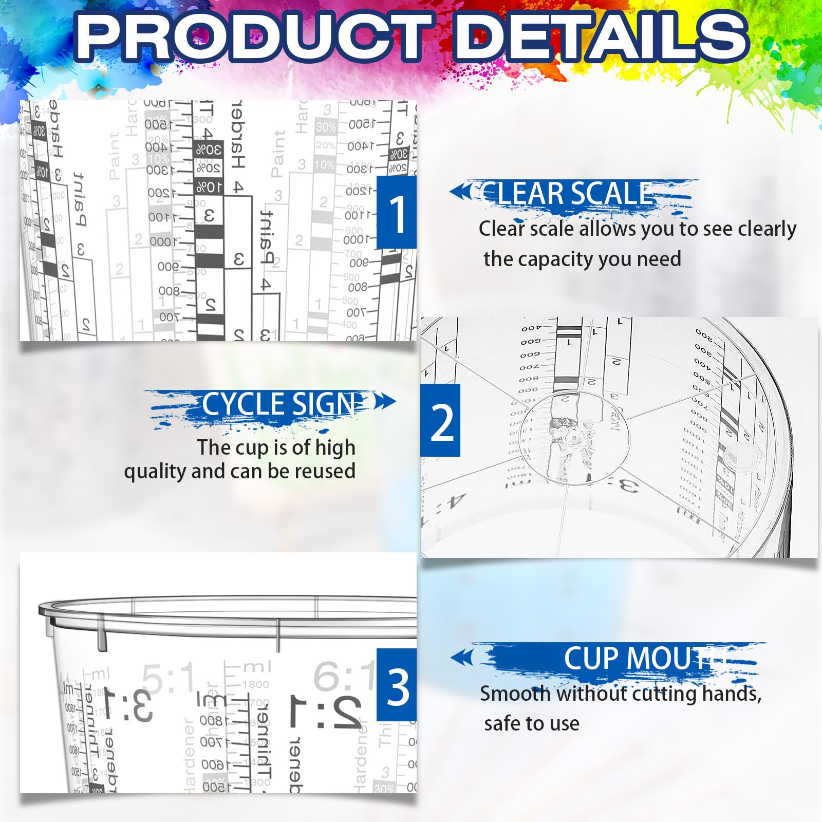 24 tazas medidoras de pintura de 64 onzas, 60.9 fl oz, tazas mezcladoras con graduados y 20 varillas de mezcla de pintura de plástico desechable, resina epoxi automotriz, taza de mezcla para pintura, 4