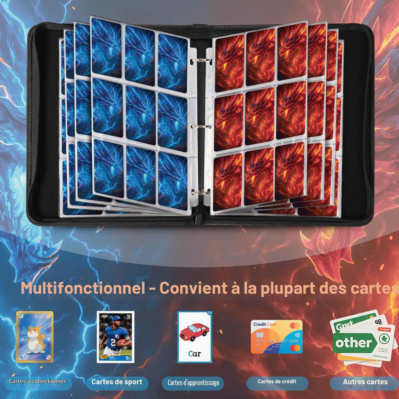 Classeur Carte 900 Cartes, 50 Pages Album Cartes Binder pour TCG | Portable, Cuir PU Imperméable, Fermeture éclair et Classeur à 3 Anneaux, Pour Cartes TCG et Cartes de Sport
