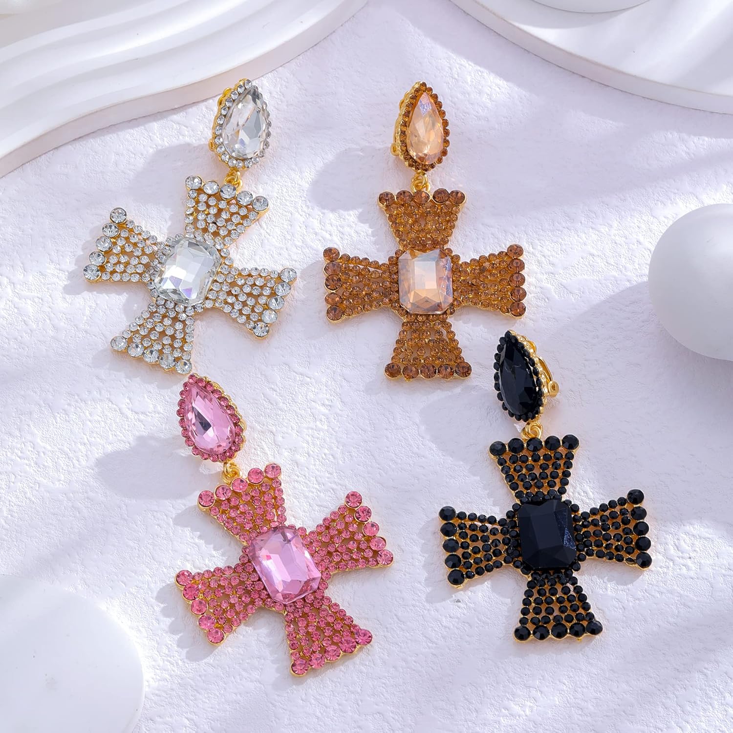 Statement Clip on Earrings Imitation Rhinestone Crystal Big Cross Clip on Earrings for Women Hypoallergenic Clip Drop Dangle Earrings for Wedding Bride Formal Party Mother's Day Gifts - Image 7
