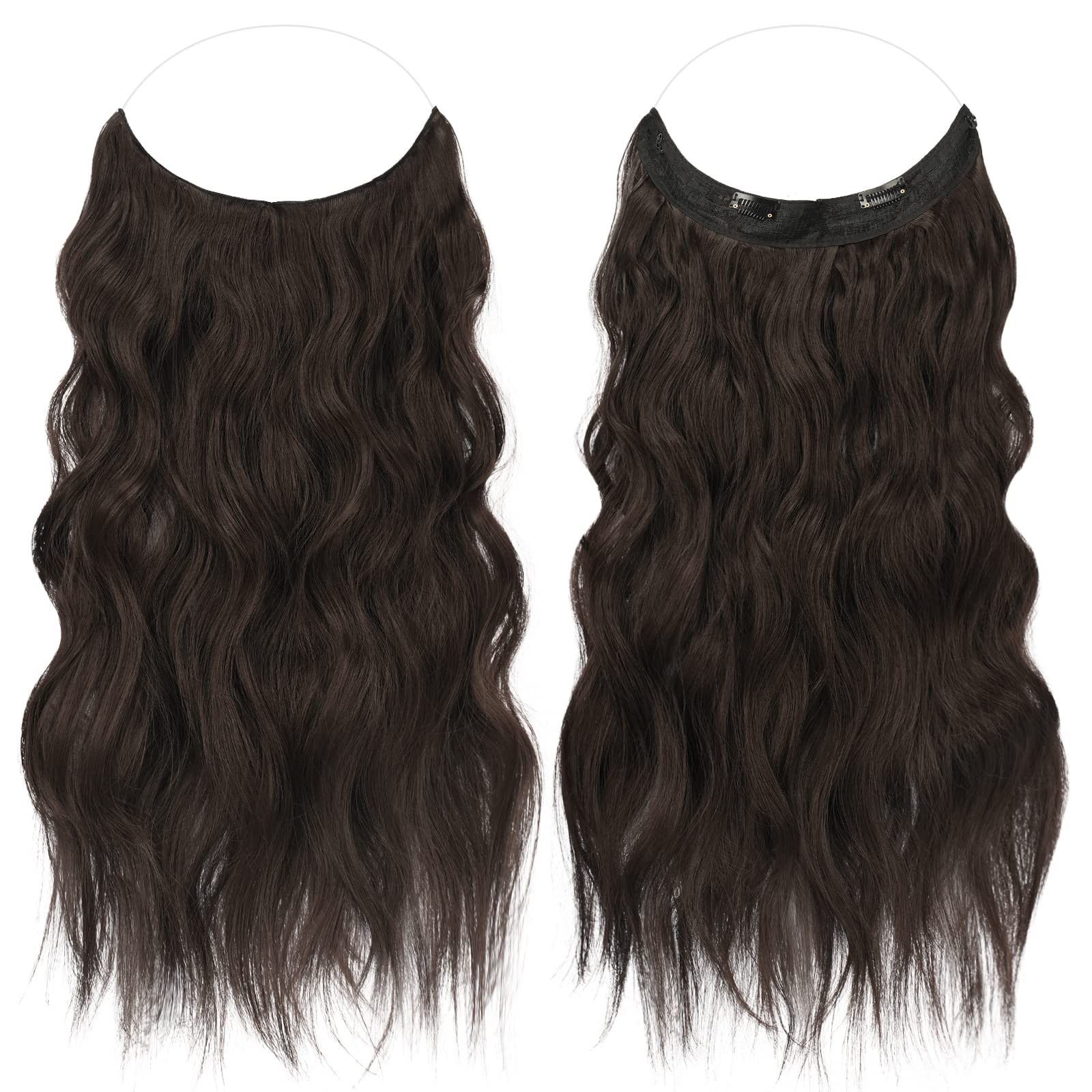 FESHFEN Extension Cheveux Fil Invisible Naturel - Longue Ondulés Fil Secrets Wire Hair Extensions Brun Foncé Synthétique Rajout Cheveux pour Femme, 50 cm