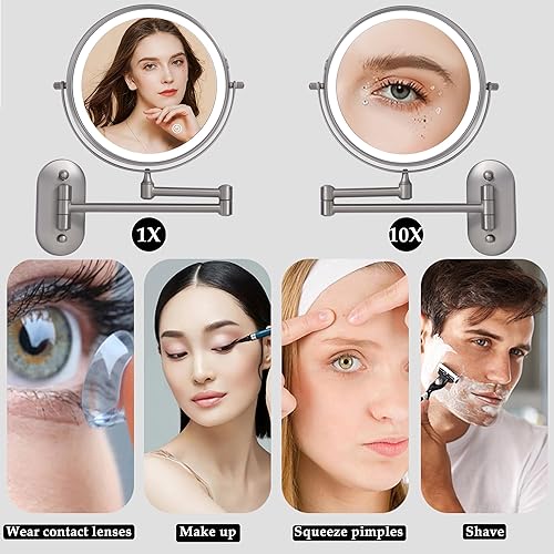 Miniatura 9 de Espejo de tocador de maquillaje montado en la pared con luces, espejo de afeitado de baño con aumento de níquel 10X, LED recargable (8CB-N10X).