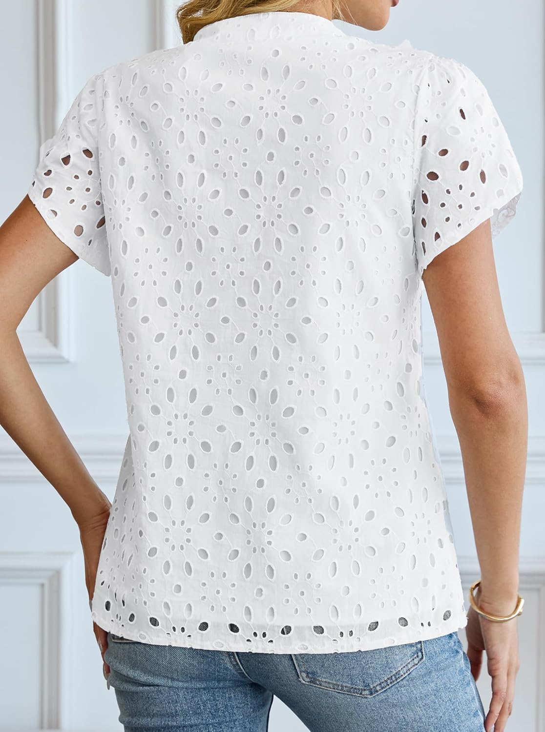 SOFIA'S CHOICE Women's Pleated V Neck Puff Short Sleeve Blouse Business Casual Work Tops - Image 3