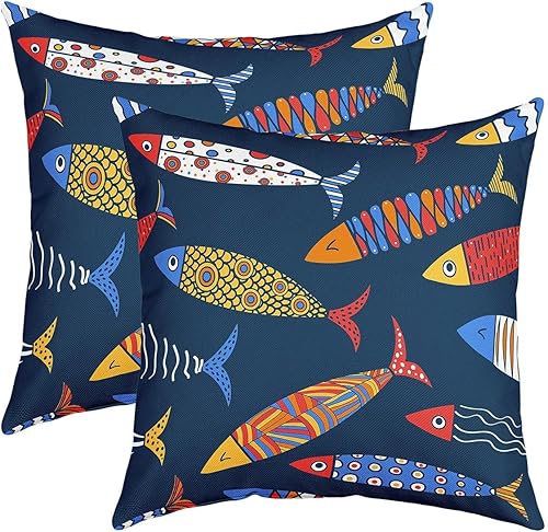 Juego de 2 fundas de almohada de animales marinos de 18 x 18 pulgadas, fundas de almohada decorativas de peces azteca, diseño de peces tribales,