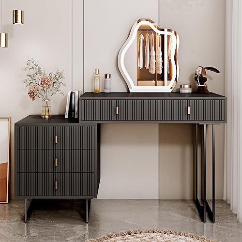 Ieejdn Mesa de tocador moderna negra, mesa de maquillaje retráctil con mesita de noche, con espejo iluminado y 5 cajones espaciosos, esencial para
