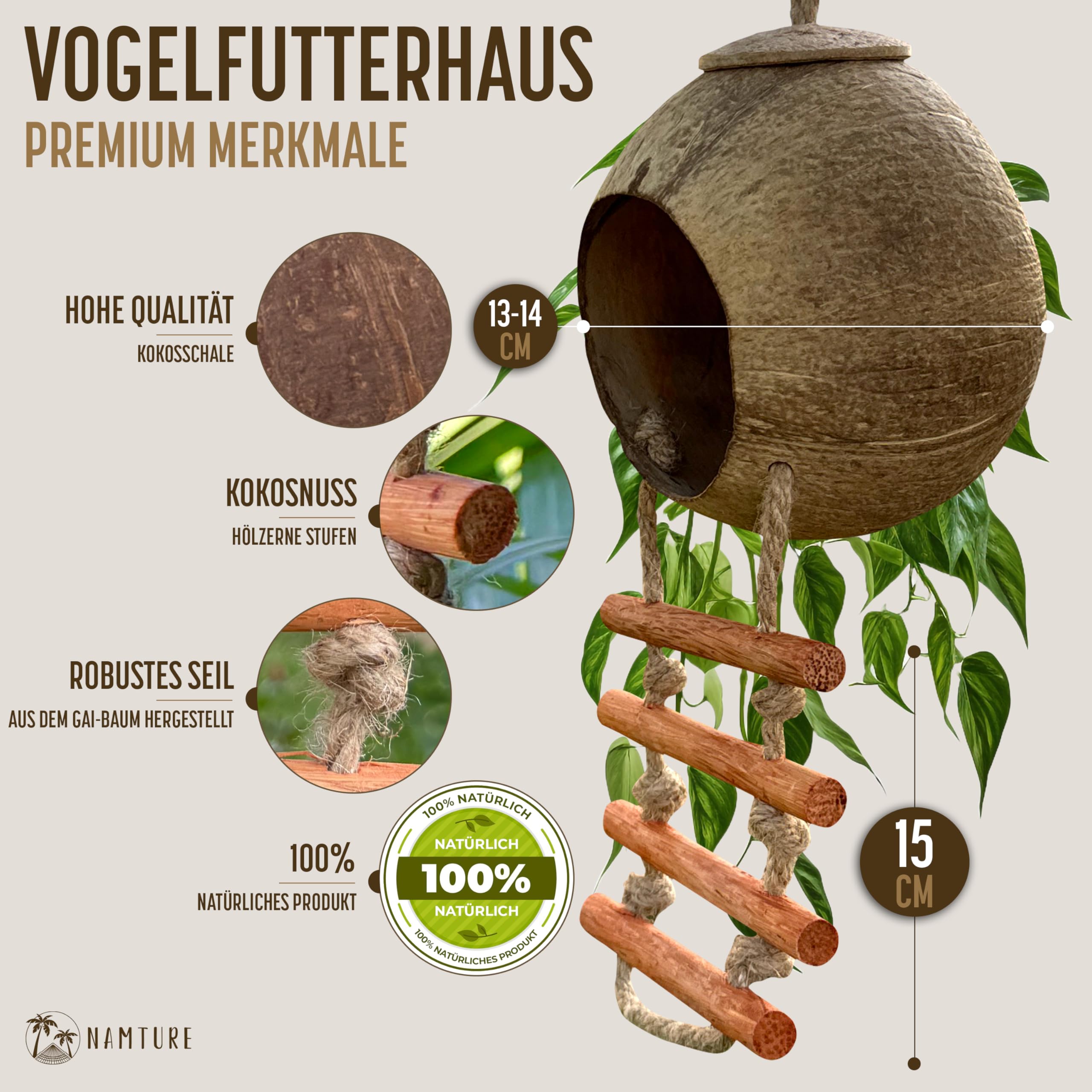 Casetta per uccelli realizzata a mano in cocco – Ciotola di cocco riciclata, mangiatoia per uccelli in stile scala, resistente alle intemperie per piccoli uccelli, rettili, amanti del giardino