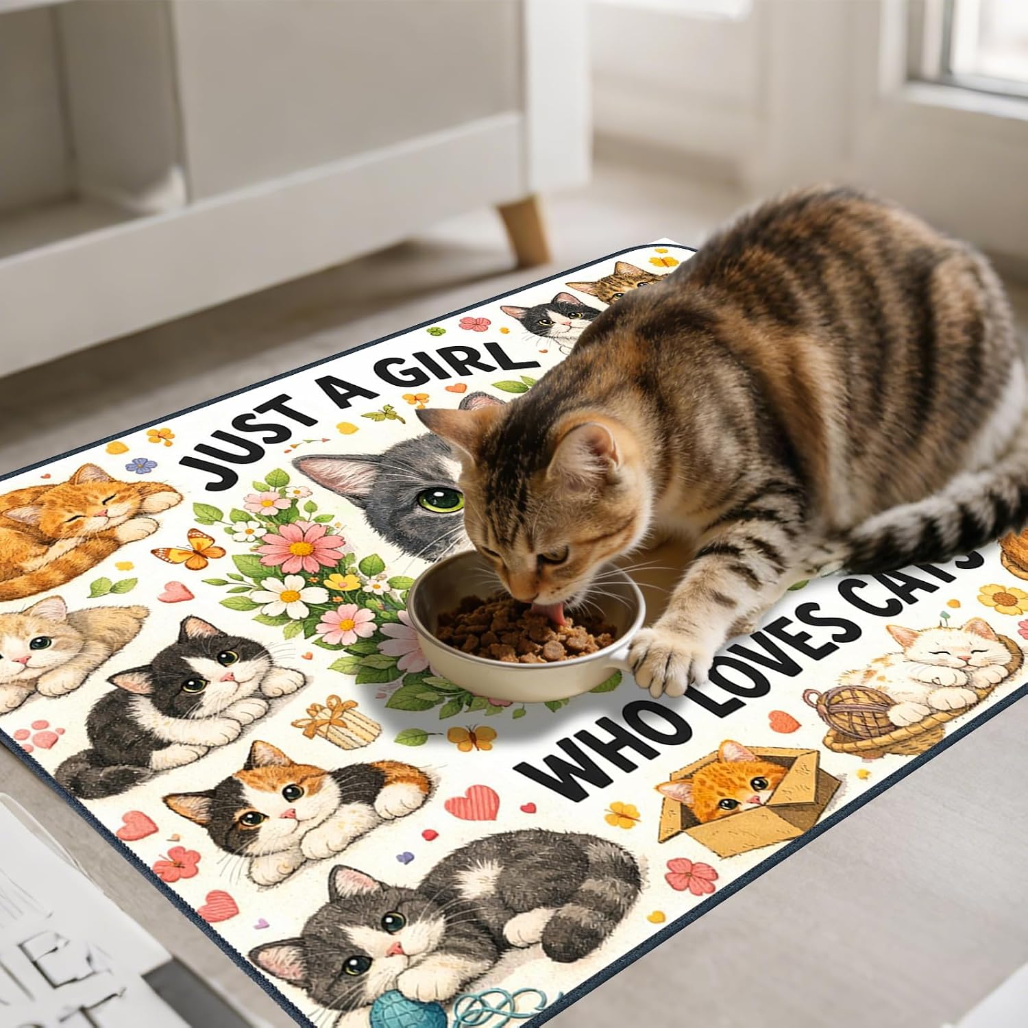 Nuxovilar Pet Dog Supplies Food Mat Floral Cat-Themed Polyester (23.62×17.71 inches) Bowl Water Spill Pad Feeding Gear for Home, Living Room, Pet Station