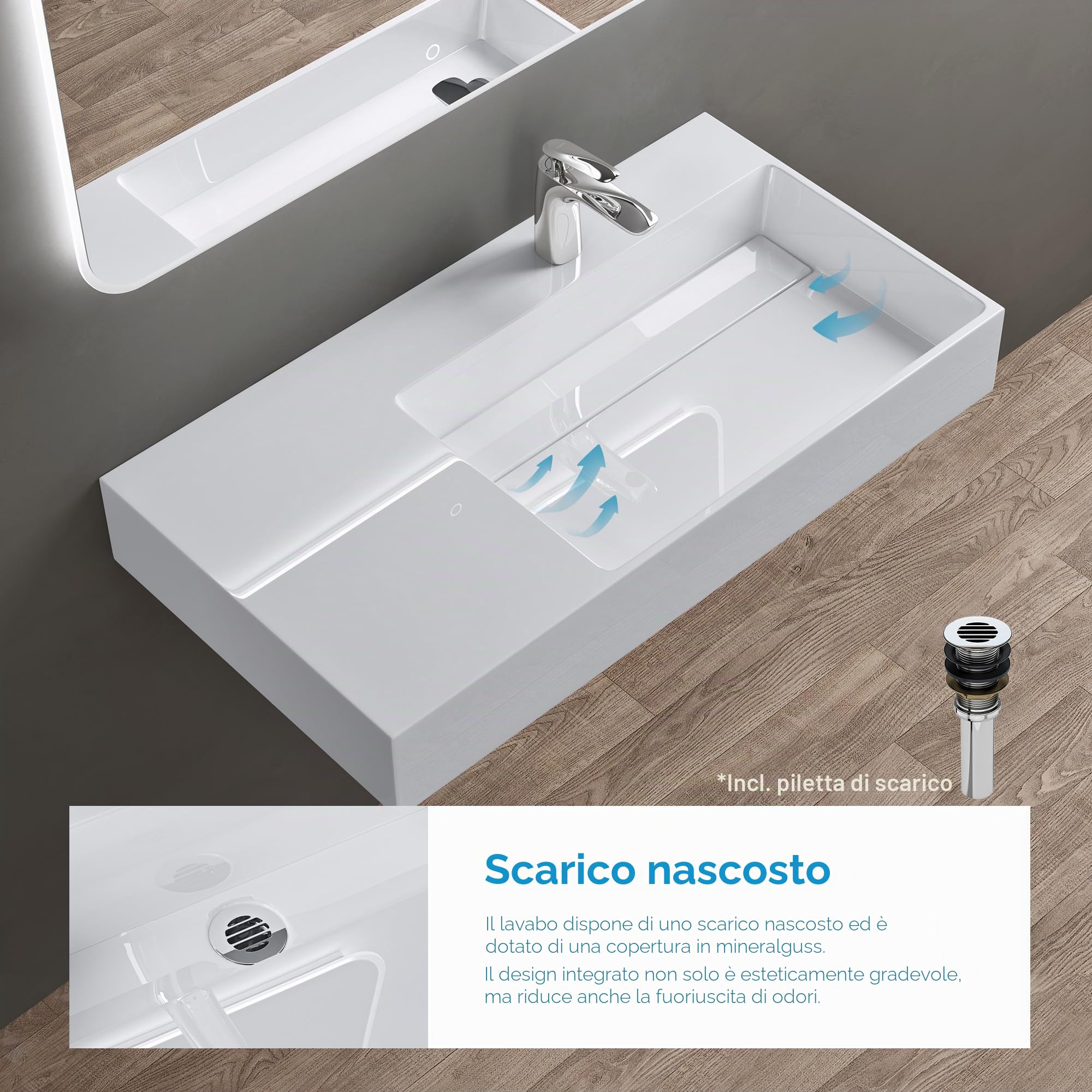 doporro Lavabo Bagno Sospeso Lavabo da Appoggio Rettangolare in Marmo Resina Bianco Lucido, Vasca a Destra 75x43x14 cm con 1 Foro Rubinetto e Piletta Scarico, Colossum12