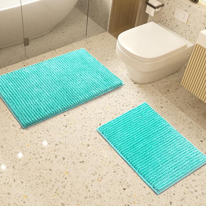 Urvoix Bathroom Rugs Set - 2 Piece Butter Chenille Bath Rugs with Non Slip Backing, Super Absorbent Thick Soft Plush Bath Mats for Bathroom, Tub, Shower (Turquoise, 20"x32" / 17"x24")