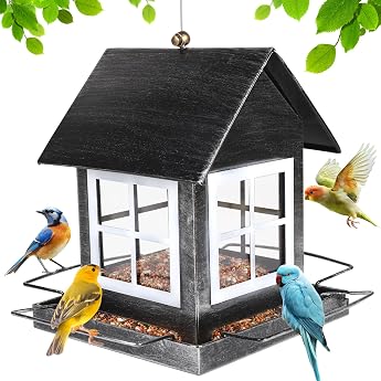 SWAWIS Bird Feeder Metal Bird Feeder Bird House for Hanging Weatherproof 14.5 x 18.5 x 23 cm Bird Feeder Bird Feeder Black
