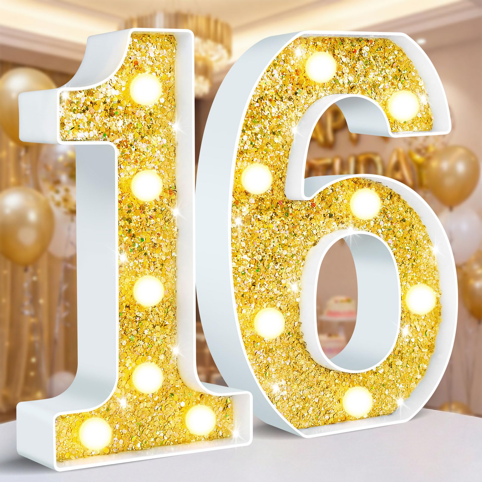 Ledido Light Up Numbers 16 Glitter, Lighted Number Sign for 16th Birthday Decorations, LED Gold Numbers as Birthday Gifts for Anniversary Wedding Party Decor, Night Lights for Bedroom Decorations