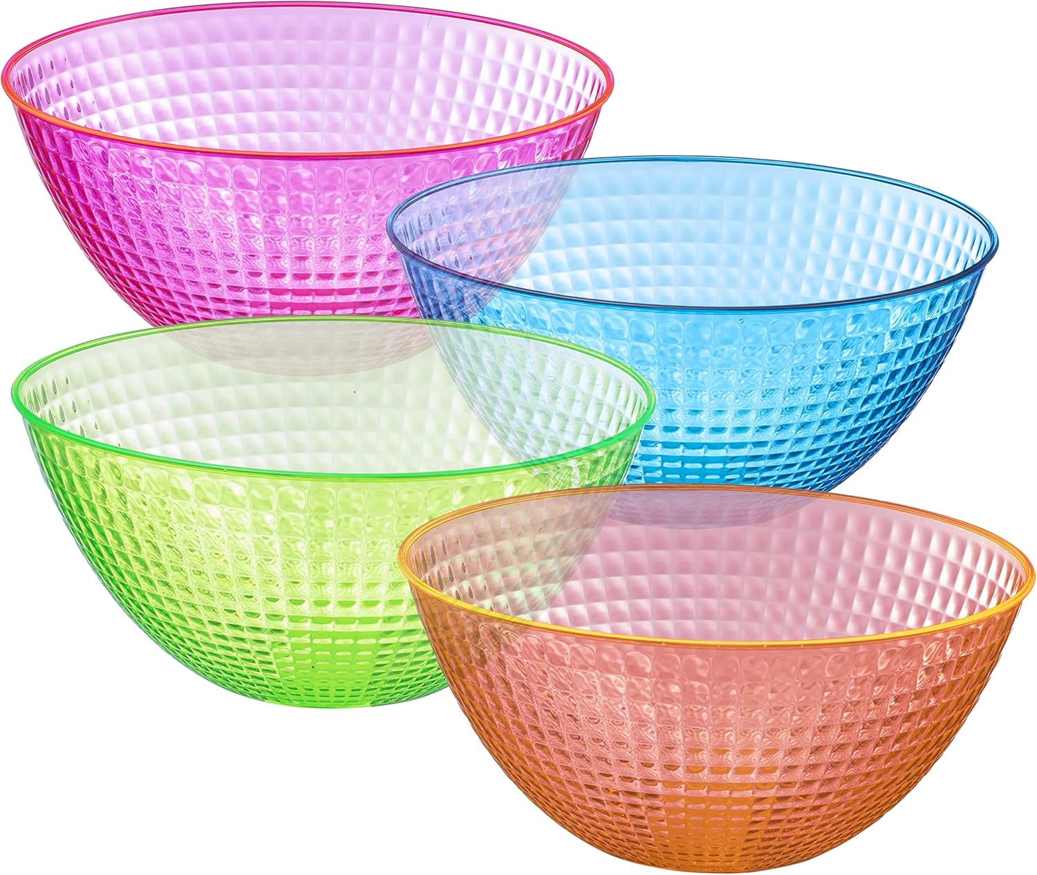 Tiger Chef 100 Ounce Neon Glow In The Dark Under Blacklight Colored Heavy Duty Disposable Round Plastic Bowls Set In Pink Blue Green Orange Set Of 4 (100 Oz Bowl, Multi-Colored)