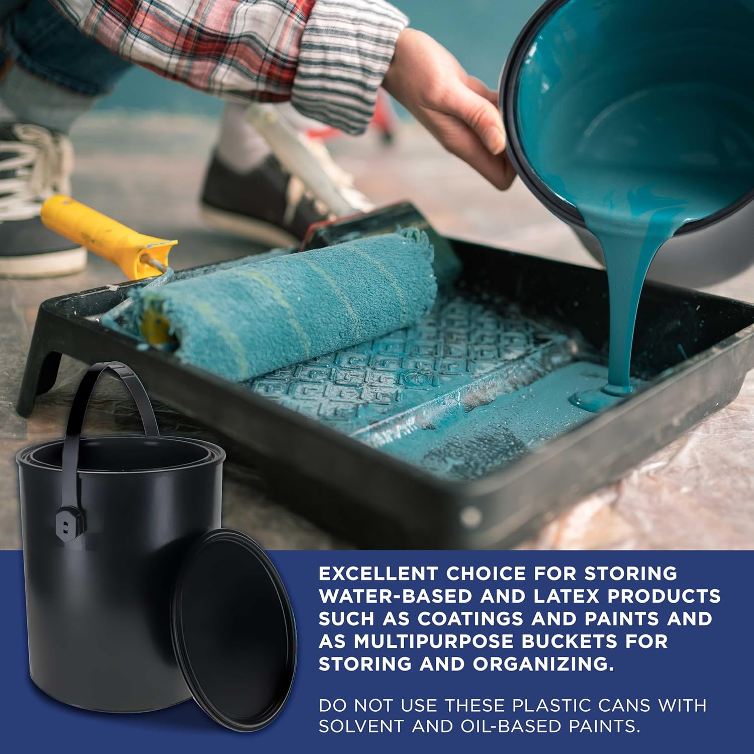 Master Elite 1 Gallon Plastic Paint Can Bucket, Pack of 4 - Triple Lock Airtight Lid Seal, 128 fl. oz. All-Plastic Coating Storage Can - Pail Handle, Rust Proof, Dent Proof & Odor Resistant