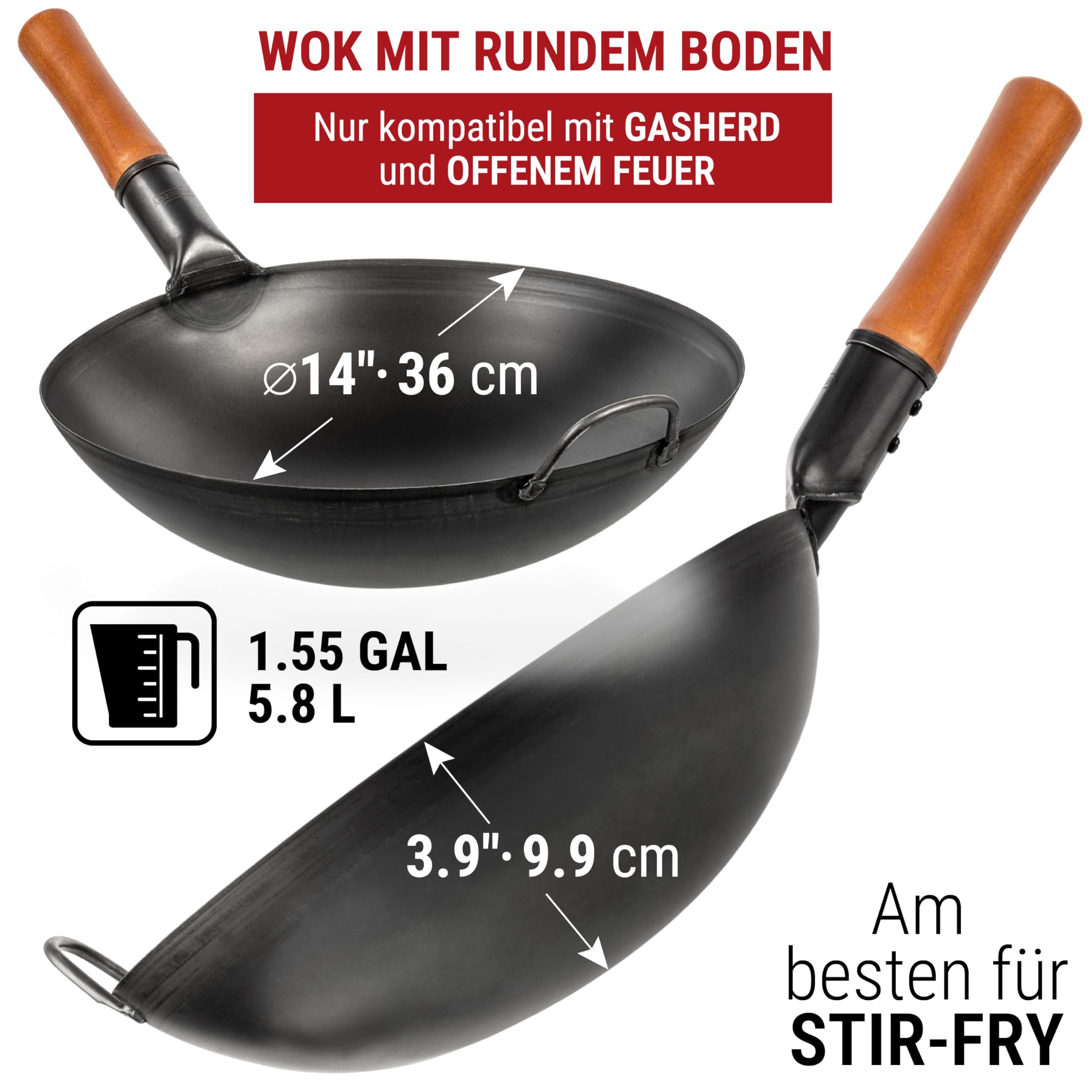 YOSUKATA Karbonstahl Woks & Wokpfannen - 36 cm Voreingebrannter Wok Pfanne Carbonstahl Runder Boden - Traditionell Wok Für Gasherd - Kompatibel mit Gas, Grill, Feuer, Gasgrill - Asiapfanne
