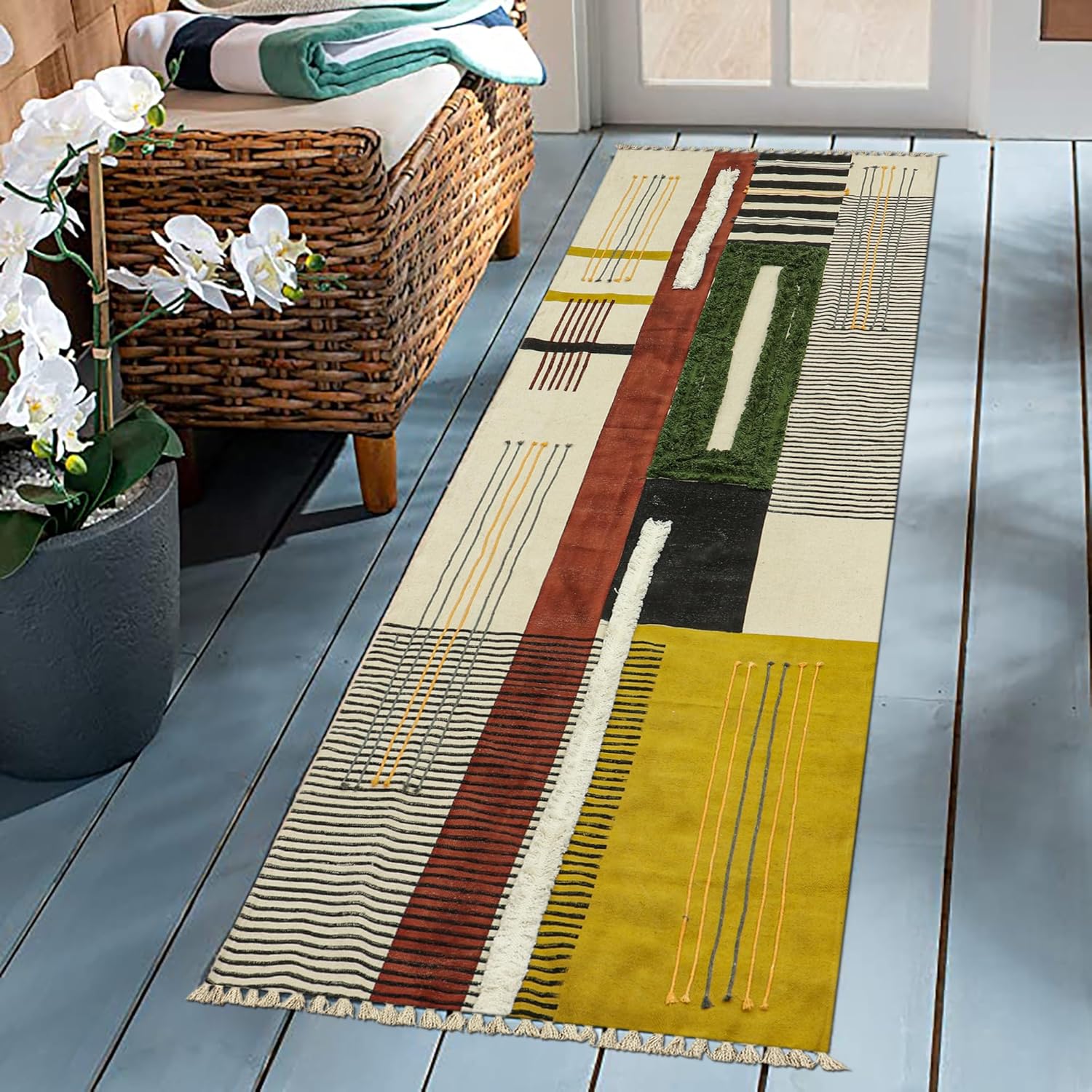 Runner - 2.6x22 Area Rug Kilim Rug Green & Yellow Cotton Dhurrie Indoor Outdoor Rug Flatweave Rug High Traffic Area Home & Foyer Corridor Hallway & Stair Runner
