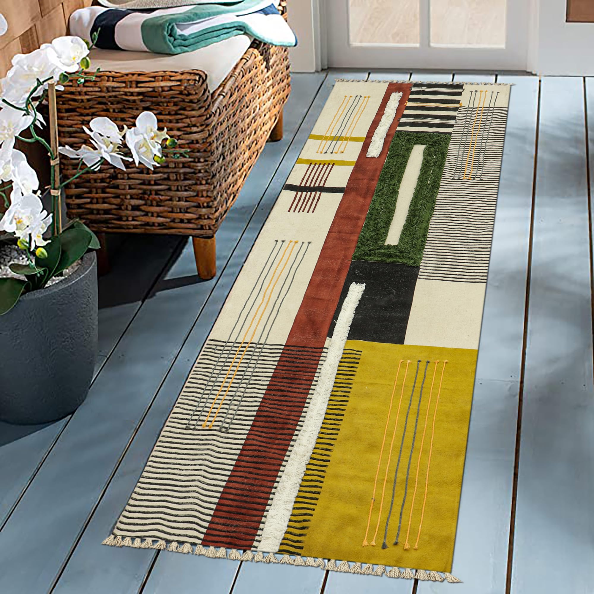Tapis kilim vert et jaune en coton tissé main pour salon élégant