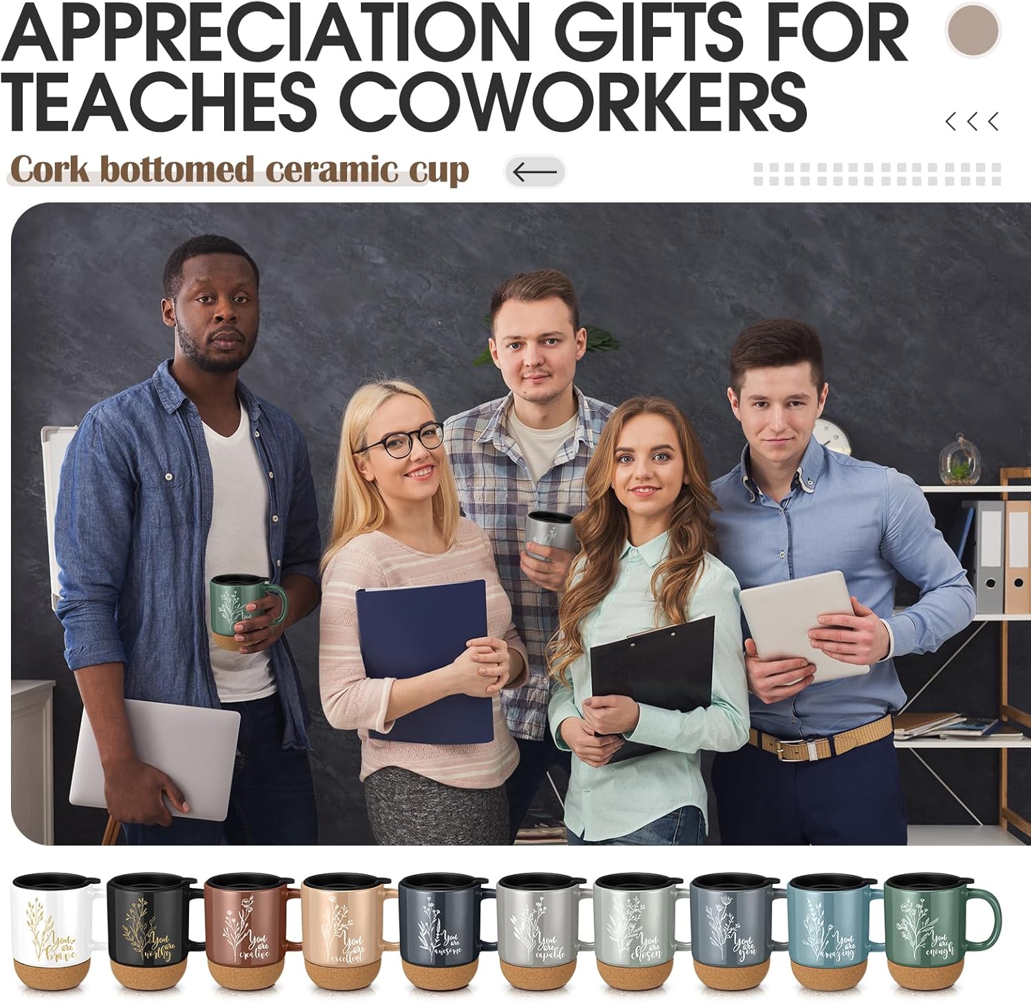 Geiserailie 10 Pcs Appreciation Gifts for Employee Bulk 13.5 oz Ceramic Coffee Mug with Lid Cork Bottom Inspirational Thank You Gift for Teacher Staff Coworker Volunteer Nurse(You Are) - Image 7