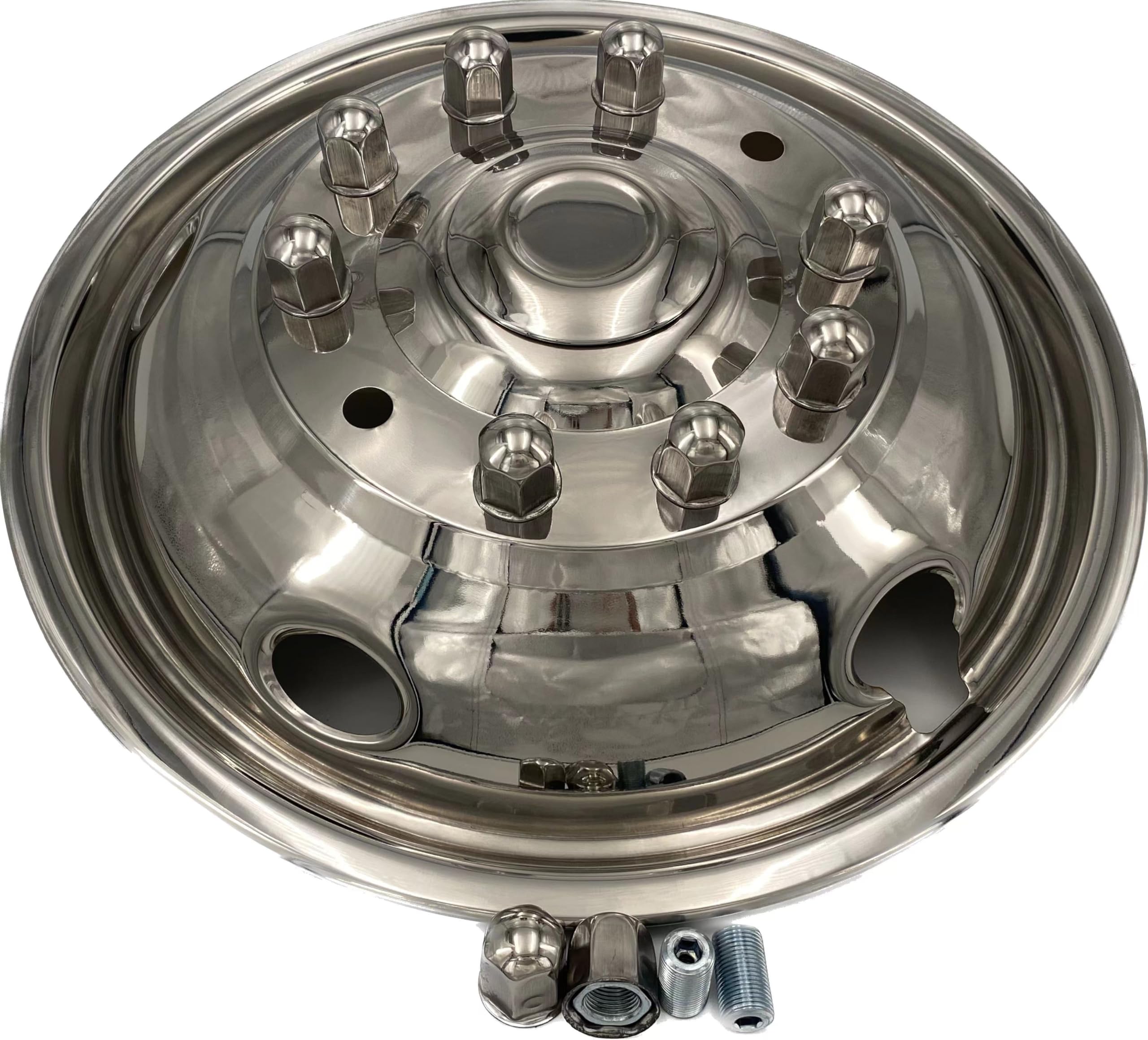 JOHNWELL Hubcap Kit Compatible with 2005-2021 Ford Super Duty F450/ F550 Dually Trucks 19.5 Inch 10 Lug and 5 Hand Holes Stainless Steel Front and Rear Wheel Simulators 4 PCS a Set