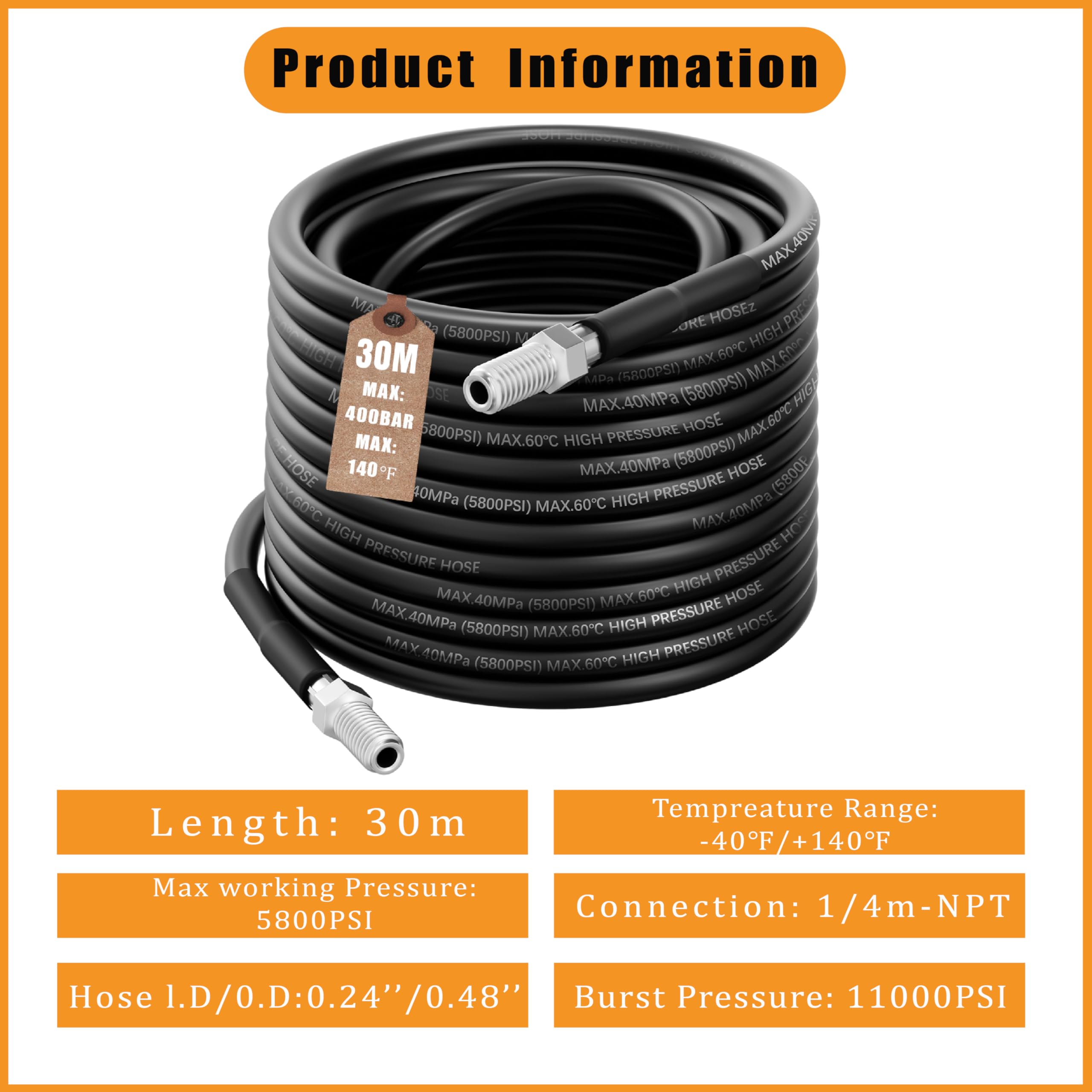 Rohrreinigungsschlauch Set 30m,kompatibel mit Kärcher k2-k7, Lavor, Bosch Hochdruckreiniger,400 Bar / 5800PSI, universal Rohrreinigungsset for Blocked Drains, Gutters & Downpipes