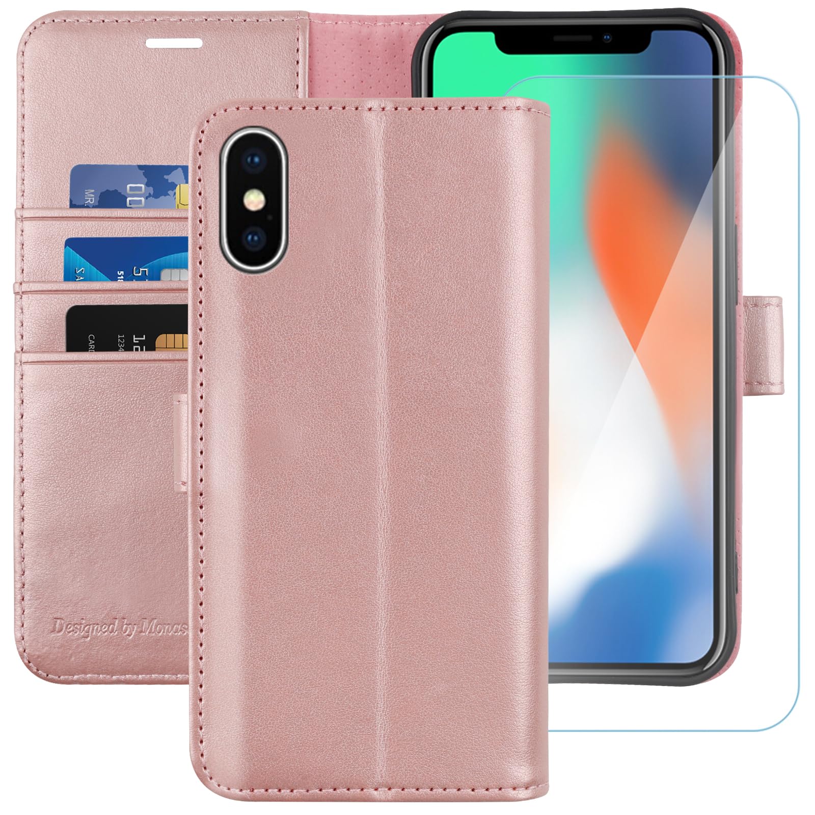 MONASAY iPhone XS Wallet Case/iPhone X Wallet Case,5.8-inch [Glass Screen Protector Included] Flip Folio Leather Cell Phone Cover with Credit Card Holder for Apple iPhone XS/X,Rose Gold