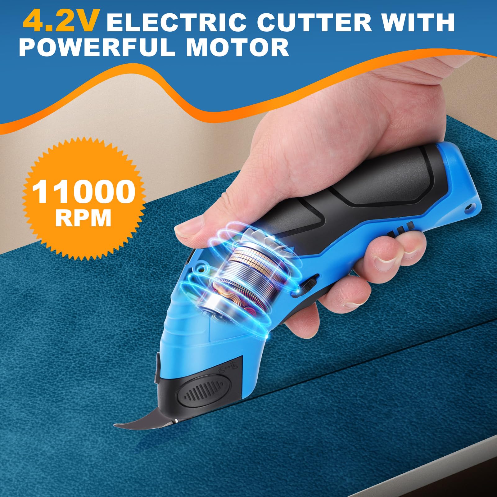 Gugxiom Electric Scissors,Carpet Cutter with 2 Replaceable Blades,Cordless Electric Scissors for Cutting Fabric/Leather/Carpet/Cardboard (1+2 Blade Blue) - Image 2