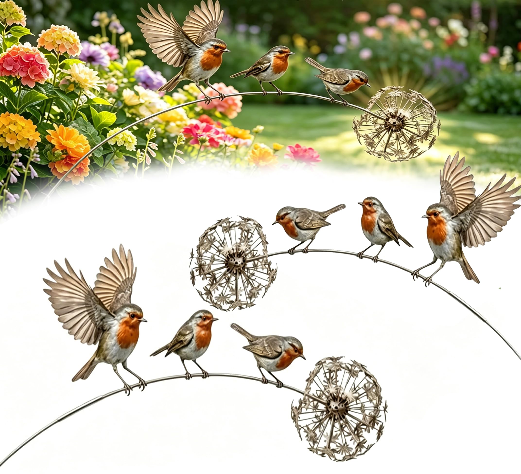 Siebkorb Robin Garden Stake Ornaments, Metal Robin Garden Stake Bird Yard Art Outdoor Decorations With Dandelion Accent,3 Robin Birds And Dandelion Design For Lawn Patio Flower Bed Walkway (A 2PCS)