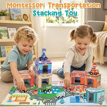 Montessori Sorting and Stacking Community Helpers Toys for Toddlers 1-3 | Number Blocks Nesting Boxes, Magnetic Wooden Car Preschool Toy, 1st First Birthday Gifts for 1-2 Years Boys Girls