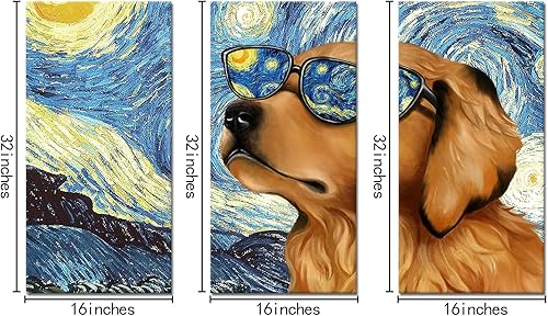 Miniatura 5 de Kaloremore Van Gogh Starry Night in Cool Dog Golden Retriever - Pintura de gafas de sol Giclée impresiones en lienzo envuelto en galería, 3 piezas