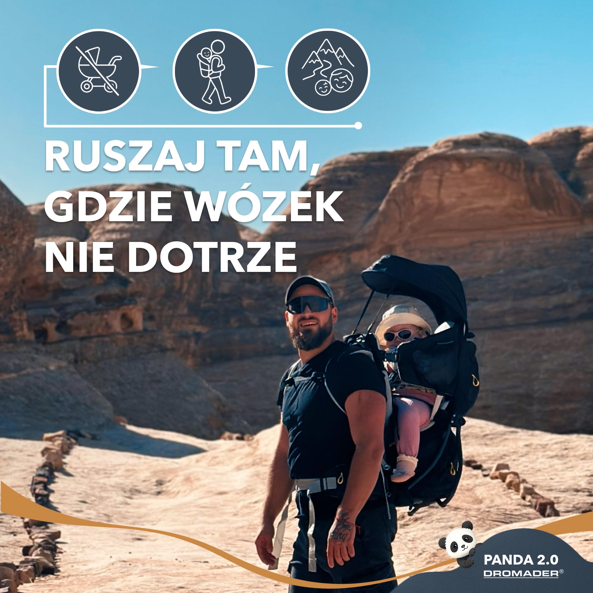 Dromader Nosidełko Turystyczne dla dzieci do 18kg - Regulowane Siedzisko z Poduszką do Spania - Chowany Daszek Przeciwsłoneczny - System Nośny Odciążający Kręgosłup - Kieszeń Termiczna – Panda Black