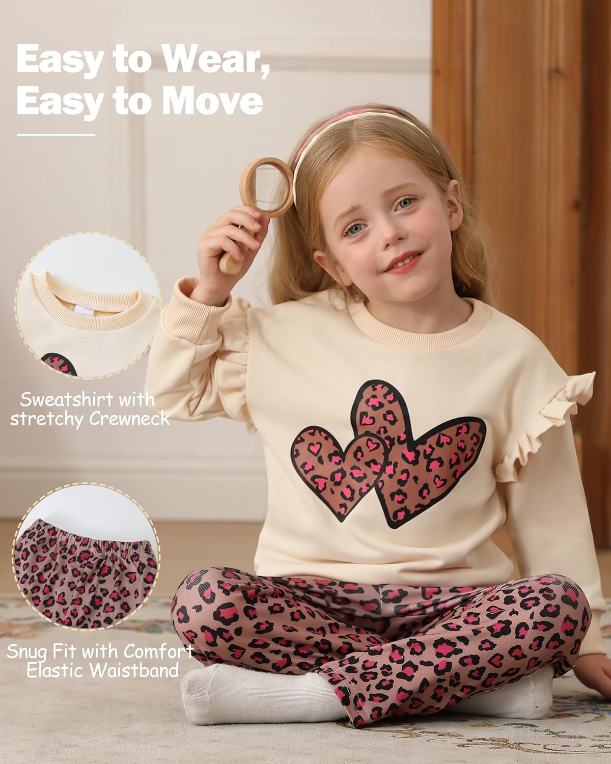 Jecson Toddler Girl Clothes Ruffle Long Sleeve Figure Graphic Sweatshirt and Leopard Pants Fall Winter Outfits Set 2-8Y - Image 3