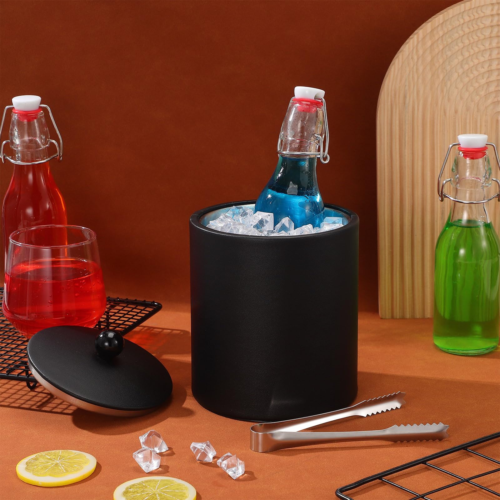 1pieza Cubitera de Acero Inoxidable Reforzado para Hielo y Enfriamiento de Botellas con Pinzas para Vino Cerveza y Cocktails Negro