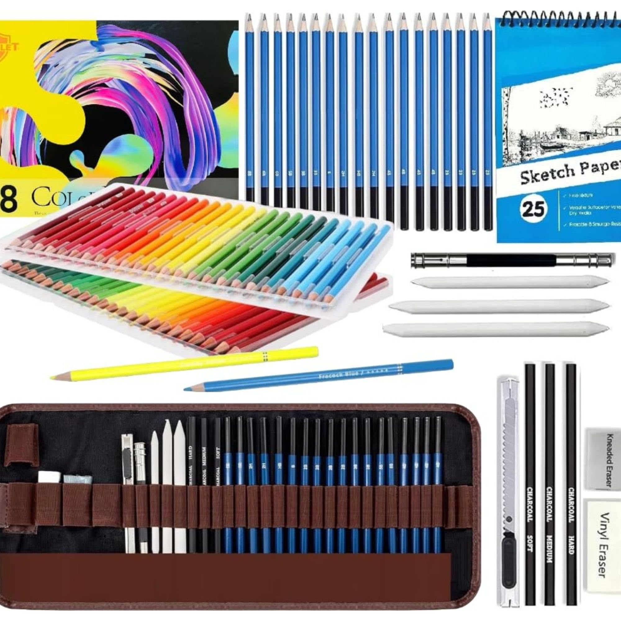 Corslet 77 Pc Drawing Kit - Shading Pencils Set - Graphite, Charcoal & Oil Based Colour Pencils - Sketching Kit for Artists