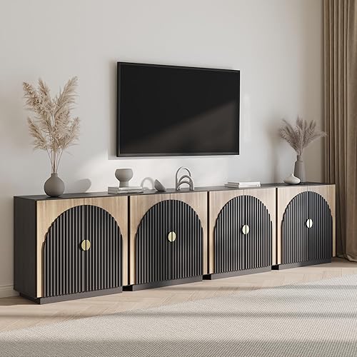 Miniatura 12 de BELLEZE Aparador Modular Acanalado Buffet con Almacenamiento, Mesa Consola Moderna de Mediados de Siglo con Puertas Arqueadas Simétricas, Elegante