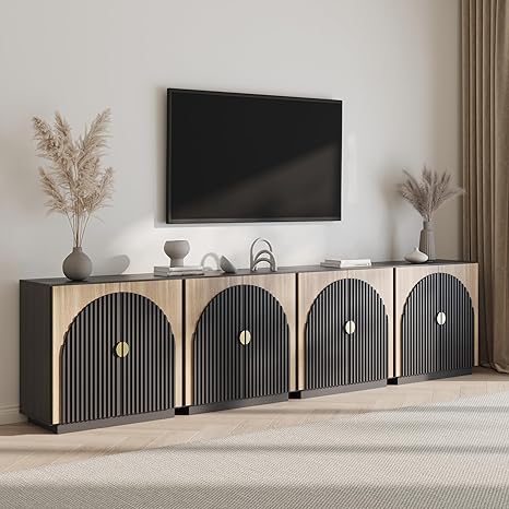 BELLEZE Set of 4 Modular Fluted Sideboard Buffet Cabinet with Storage, Mid-Century Modern Console Table with Symmetrical Arched Doors, Elegant Credenza for Dining Room, Kitchen, and Living Room, Camel
