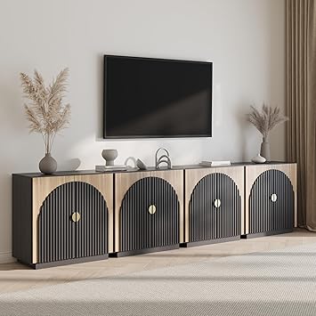 BELLEZE Set of 4 Modular Fluted Sideboard Buffet Cabinet with Storage, Mid-Century Modern Console Table with Symmetrical Arched Doors, Elegant Credenza for Dining Room, Kitchen, and Living Room, Camel