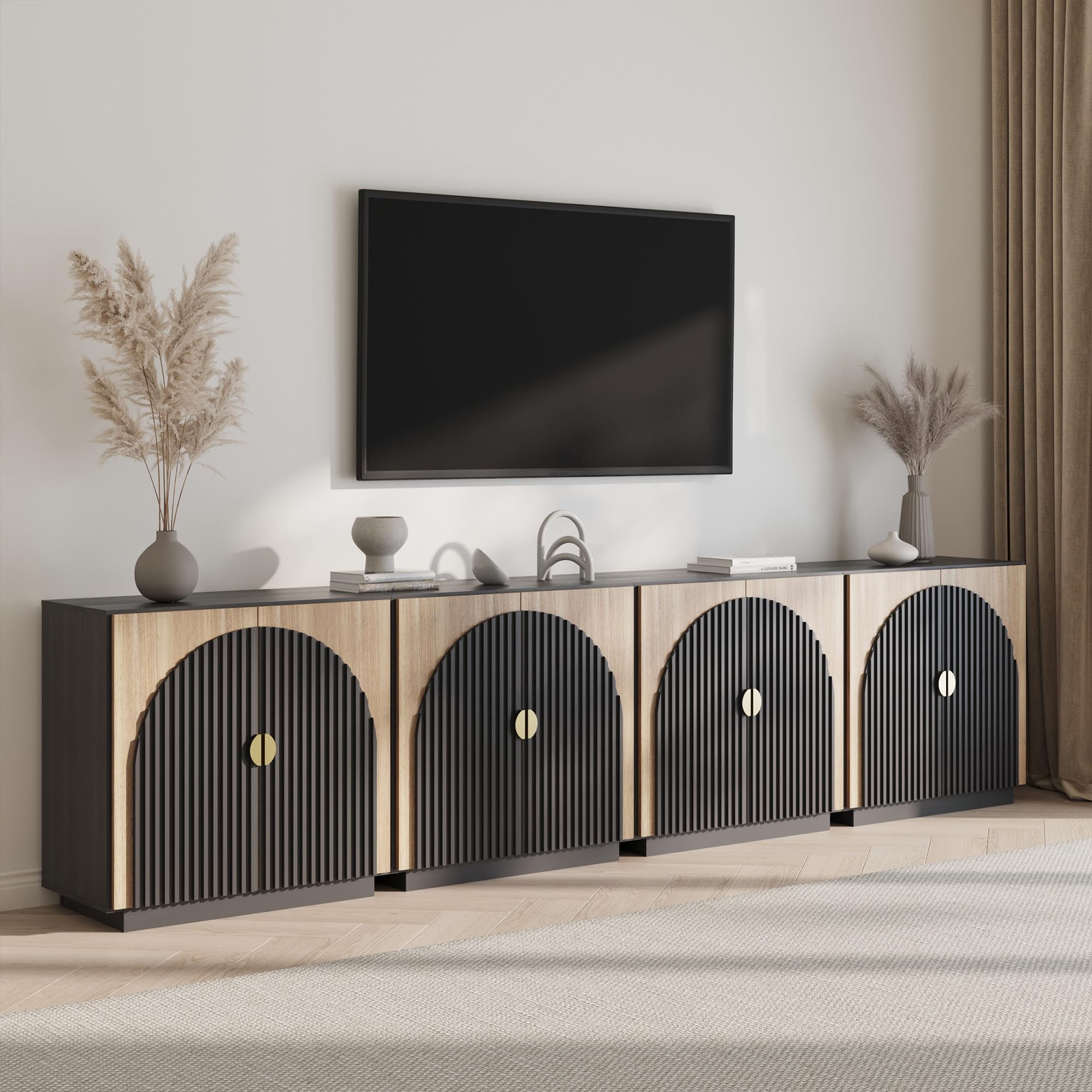 BELLEZE 65 Inch Fluted Buffet Cabinet with Storage, Symmetrical Arc Accent Sideboard Large Console Table for Dining Room, Kitchen, and Living Room (Camel) — view 38