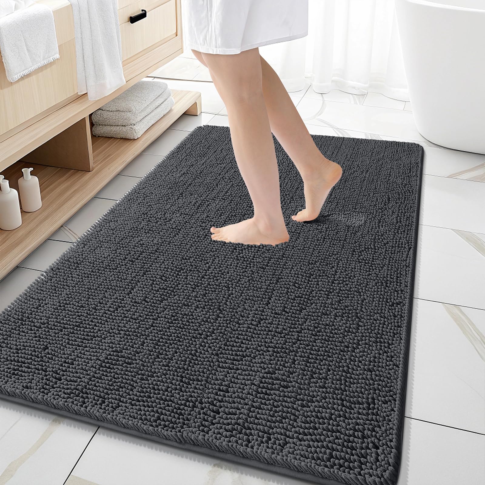 OLANLY Large Bathroom Rugs 59x35, Extra Soft Absorbent Chenille Bath Rugs | Dark Grey, Quick-Drying Rubber Backing, Machine Washable Bath Mat for Bathroom Floor, Tub and Shower, Home Decor Accessories
