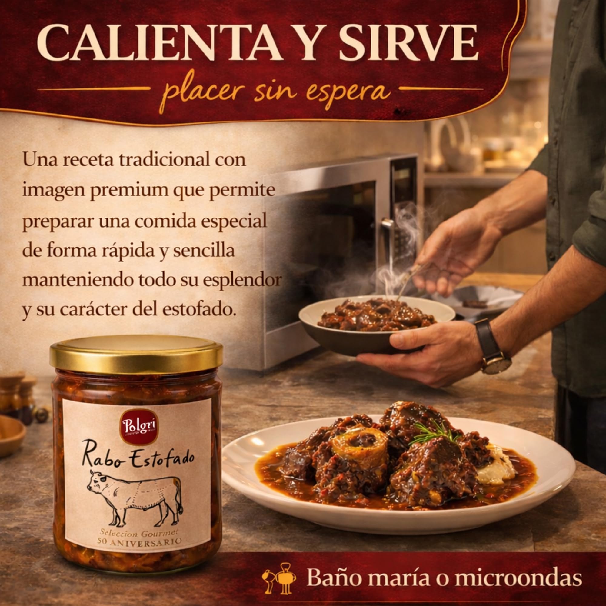 POLGRI Rabo de Toro Rabo Estofado Conserva Gourmet Plato Preparado con AOVE Receta Tradicional Tarro 850 ml Carne Premium Listo para Calentar Sabor Intenso Cocina Manchega Casera