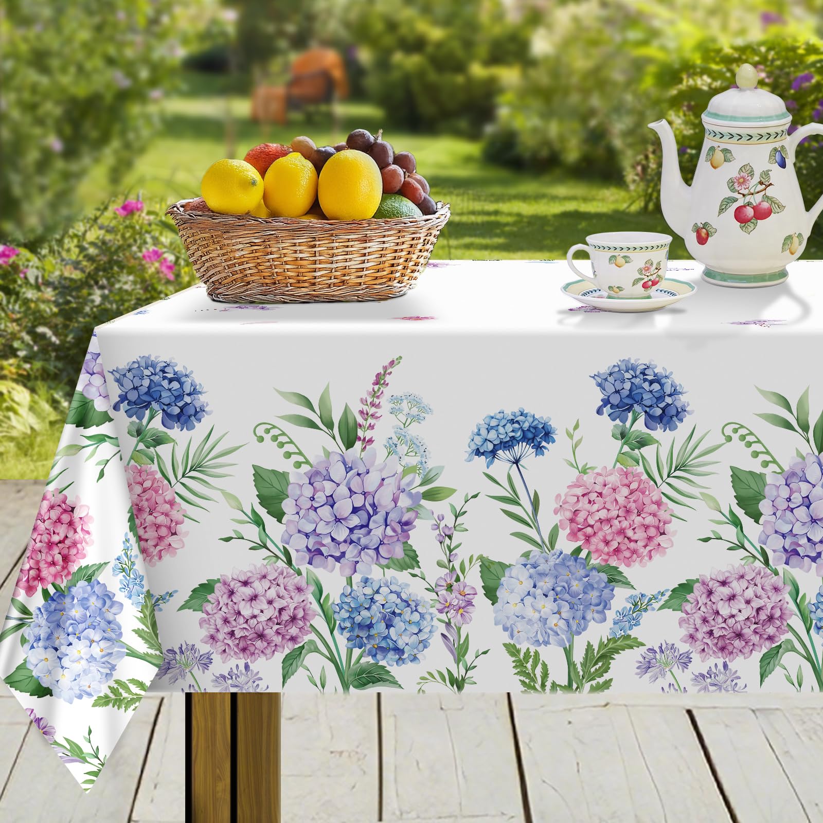 hometrixx Spring Rectangle Table Cloth Hydrangea Flower Butterfly Washable Polyester Oil-proof Tablecloth Stain Wrinkle Resistant Table Cover for Party Kitchen Decor Outdoor Picnic, 152 x 213cm