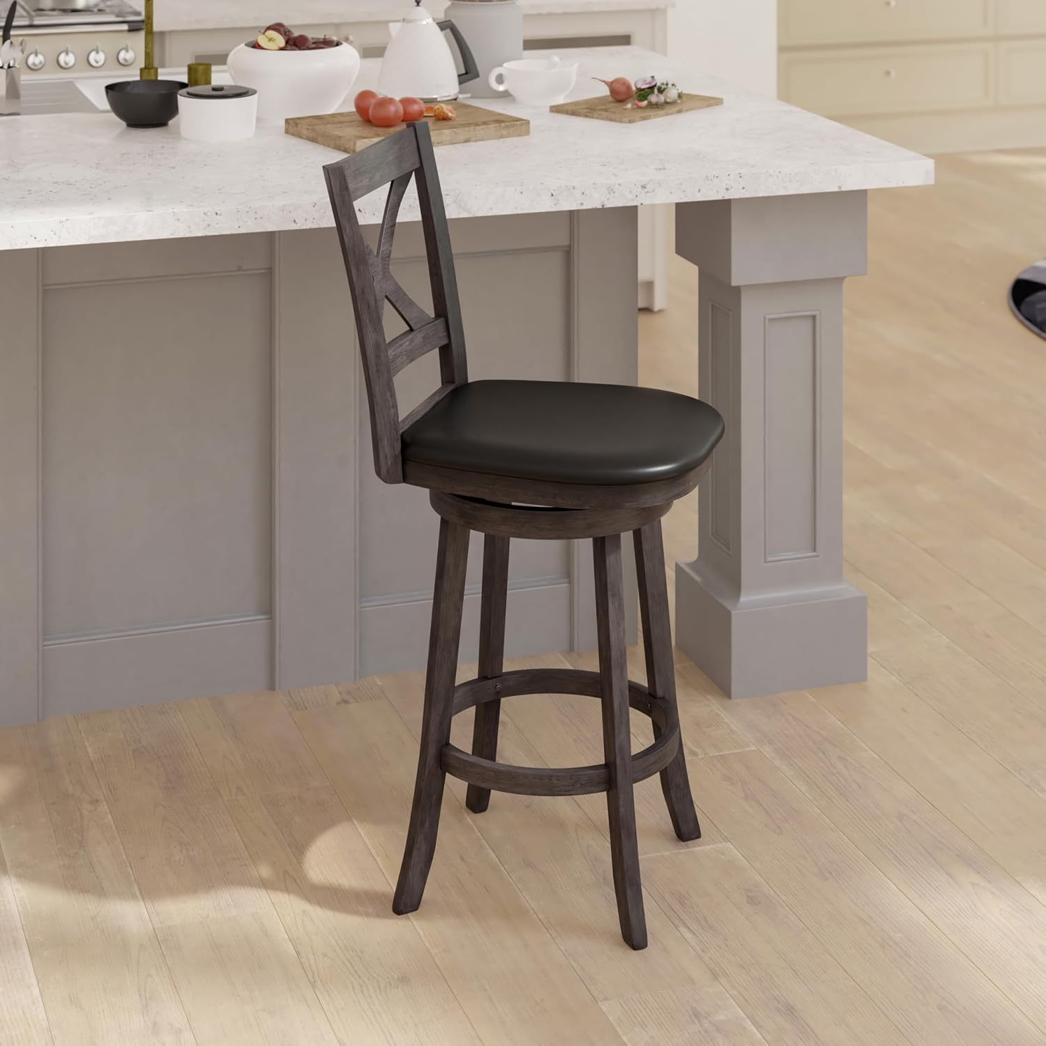 EMMA + OLIVER Luc Crossback Pub Style Dining Stool - Graywash Walnut Finished Wood Frame - Faux Leather Swivel Seat - 225 lbs. Static Weight Capacity - Bar Height