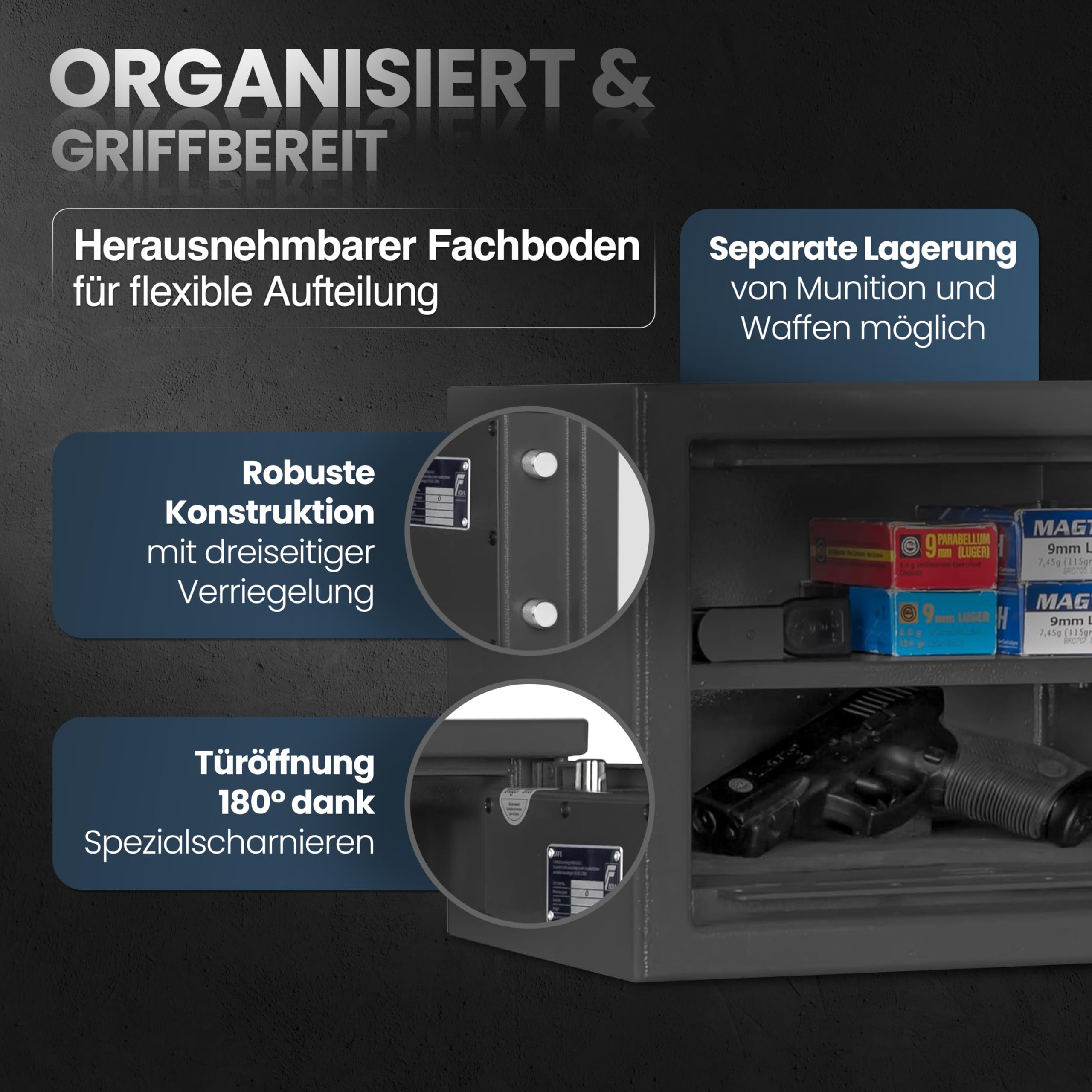 Kurzwaffenschrank KWT 800 mit Zahlenschloss, Widerstandsgrad 0, Einbruchschutz EN 1143-1, Kurzwaffentresor mit elektr. Zahlenschloss Klasse 0