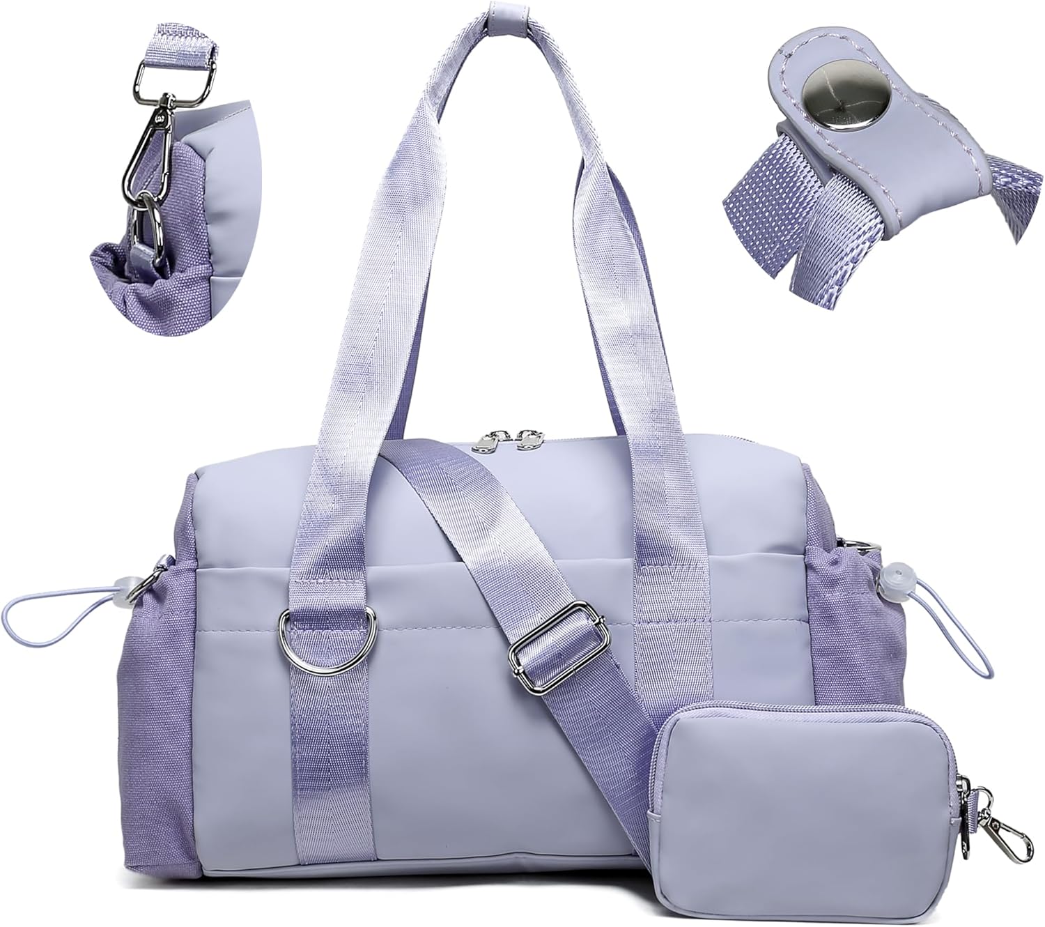 Everyday Mini Gym Bag for Women 2.0 Small Tote with Zipper Compartment Waterproof Travel Duffle Cute Handbag Workout Carry On with Removeable Shoulder Strap & Coin Wallet Easy to Clean-Lavender