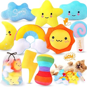 KIPRITII Whimsical Squeaky Dog Toys for Small Dogs & Puppies Plush Toys Pack with Storage Bag, 9 Pcs Stuffed Puppy Chew Toys with Squeakers to Relieve Boredom