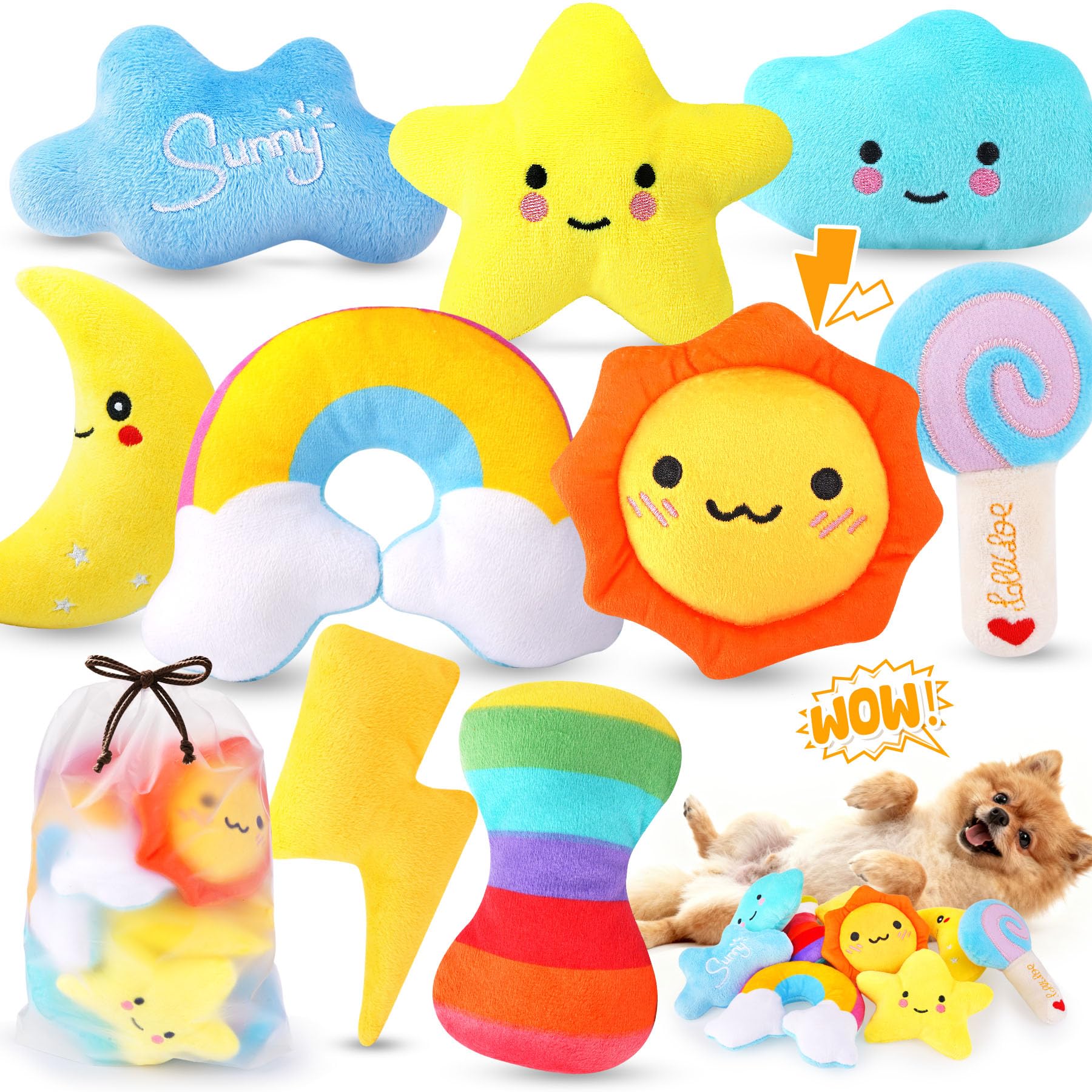 KIPRITII Whimsical Squeaky Dog Toys for Small Dogs Puppies Plush Toys Pack with Storage Bag 9 Pcs Stuffed