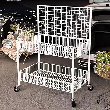 Rolling Metal Wire Retail Display Stand with 4 Wheels & 10 Hooks, Mobile Street Food Vendor Cart for Craft Show Fair/Flea Market/Events, Gridwall Panel Showing RackWhite,39 2/5inch